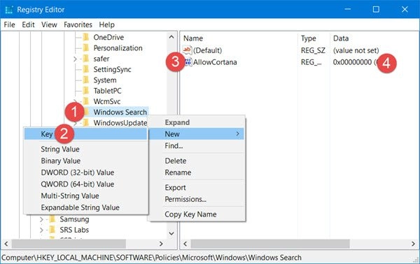 Vô hiệu hóa Cortana qua Registry Editor